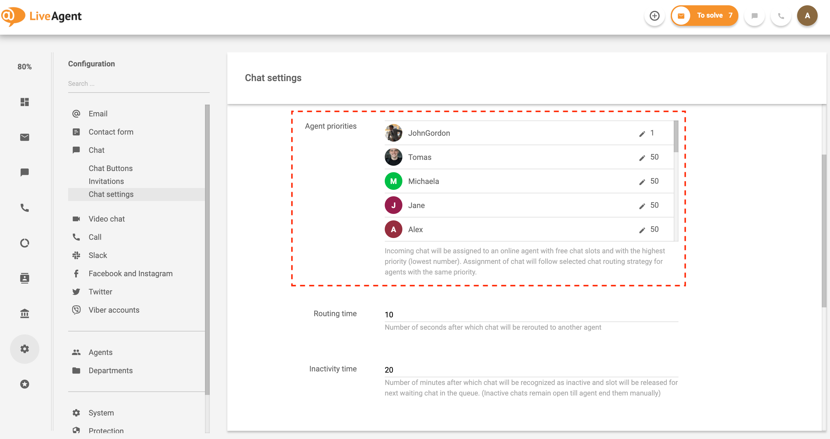 Automatinis pokalbių paskirstymas ir agentų prioritetai LiveAgent sistemoje