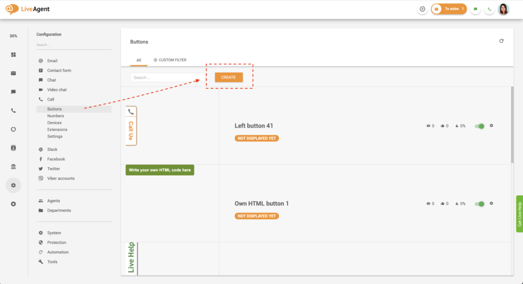 skambinimo mygtuko kūrimas „LiveAgent“