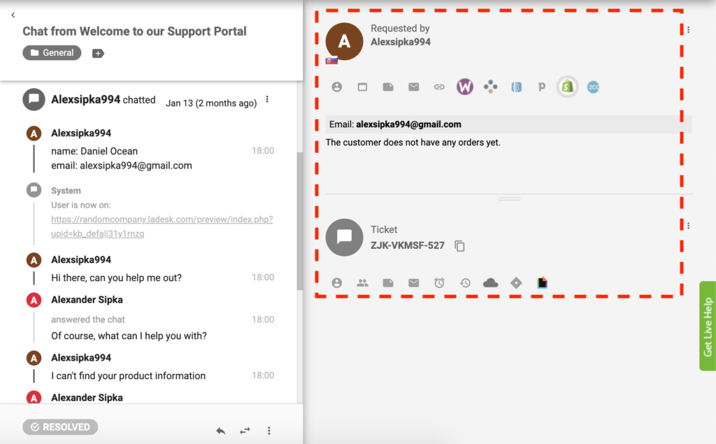 Aktyvus „Shopify“ papildinys „LiveAgent“.