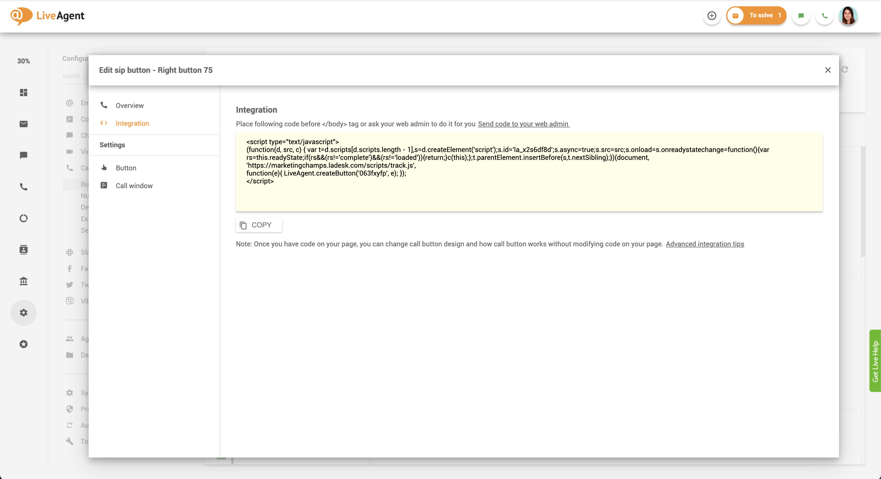 skambinimo mygtuko integravimo kodas