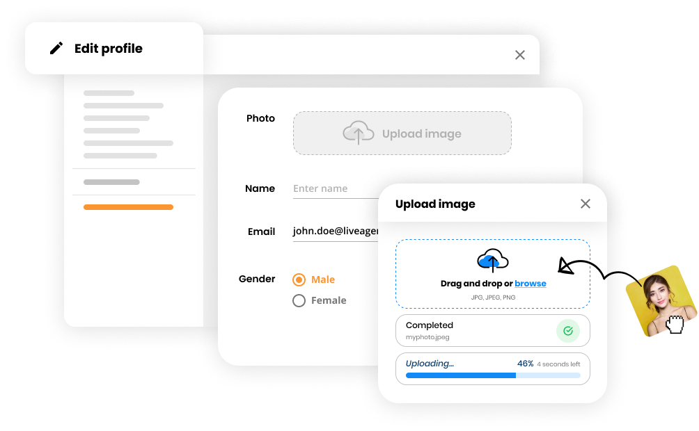 mockup-edit-profile Redaguoti aptarnavimo agento arba kliento profilio atvaizdą aptarnavimo tarnybos  programinėje įrangoje – LiveAgent