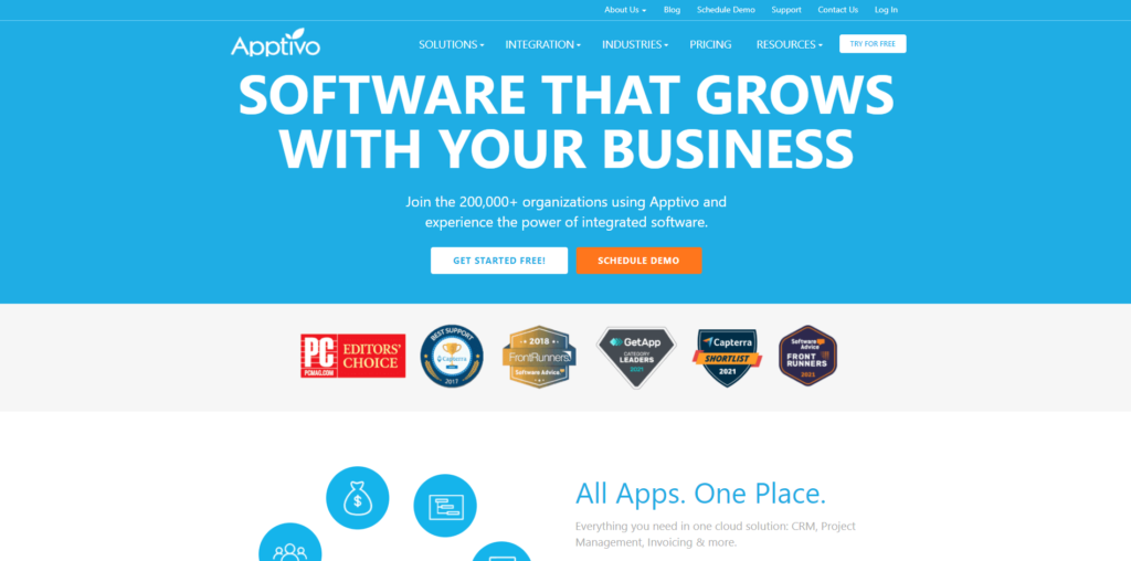 „Apptivo“ pradinis puslapis