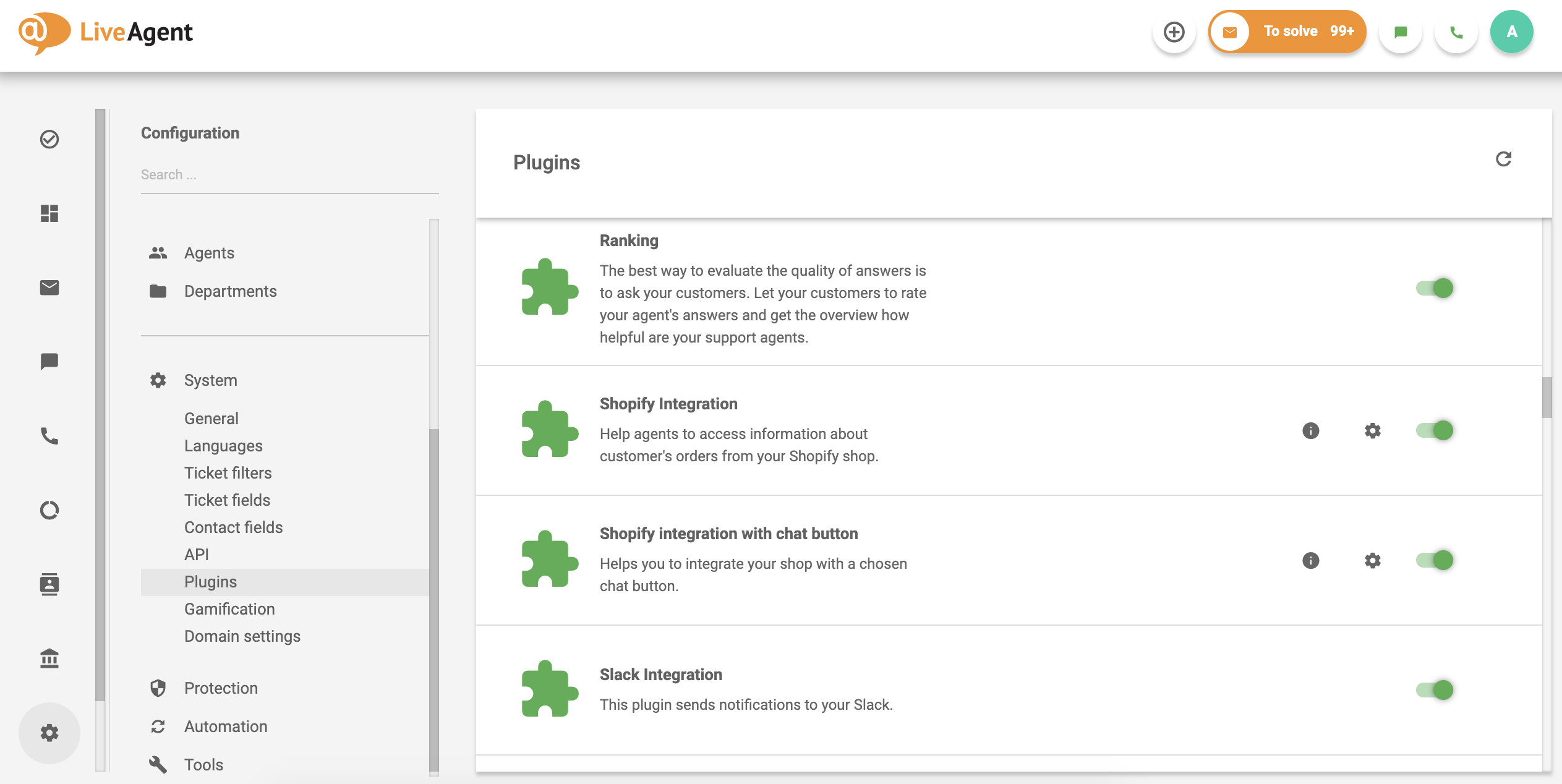 List of plugins in customer service software LiveAgent